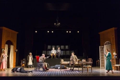 The cast of The Real Inspector Hound, written by Tom Stoppard and directed by Michael Kahn. Set design by Jim Noone, costume design by Murell Horton and lighting design by Mark McCullough. February 23-March 27, 2016 on the McGuire Proscenium Stage at the Guthrie Theater, Minneapolis. Photo by Scott Suchman.