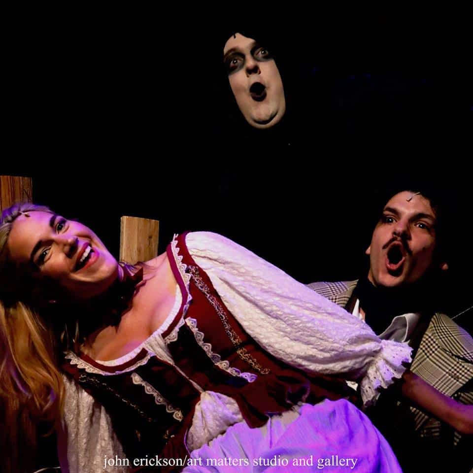 Sadie Wunder (Inga) Travis Chaput (Igor) and Nicholas Kory (Frederick Frankenstein) in BCT's production of Young Frankenstein. Photo by John Erickson