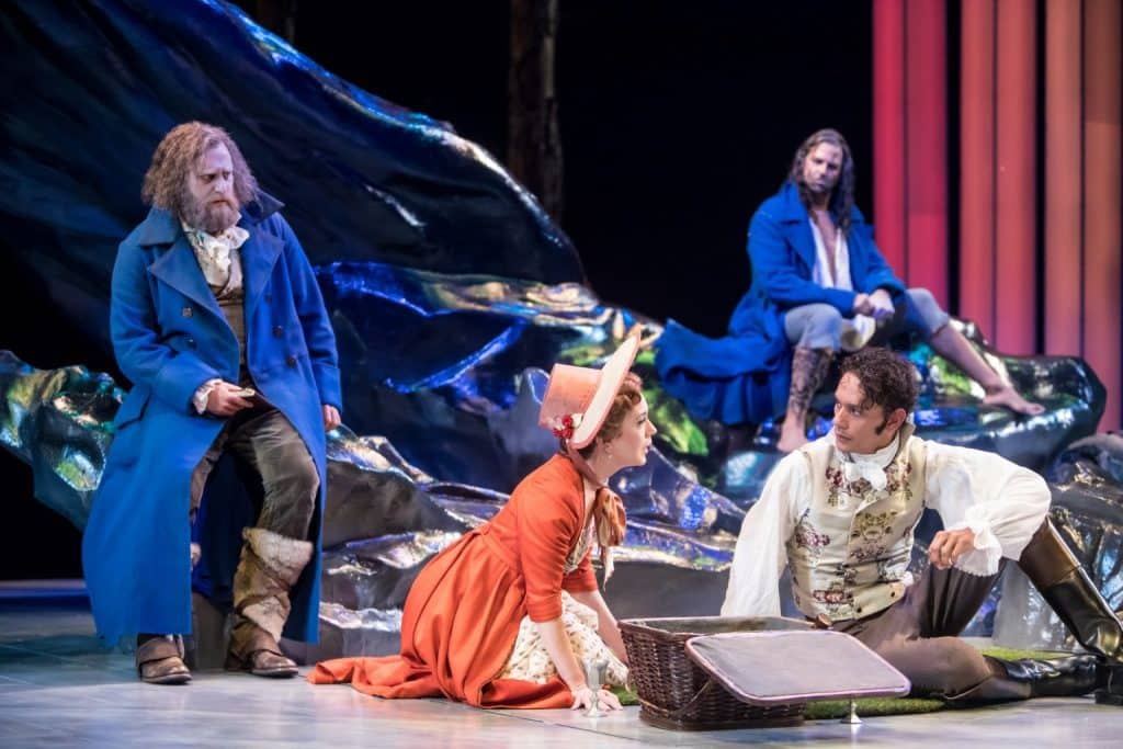 Zachary Fine as Frankenstein, Amelia Pedlow as Elizabeth, Ryan Colbert as Victor, and Elijah Alexander as Creature in the Guthrie Theater's Production of Frankenstein - Playing with Fire. Photo by Dan Norman